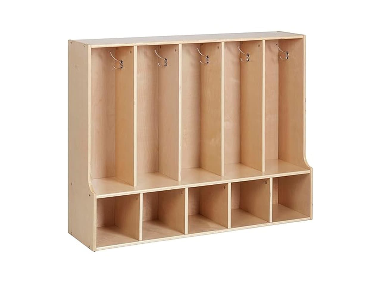 MJK Montessori coat locker with hooks and cubbies in birch plywood