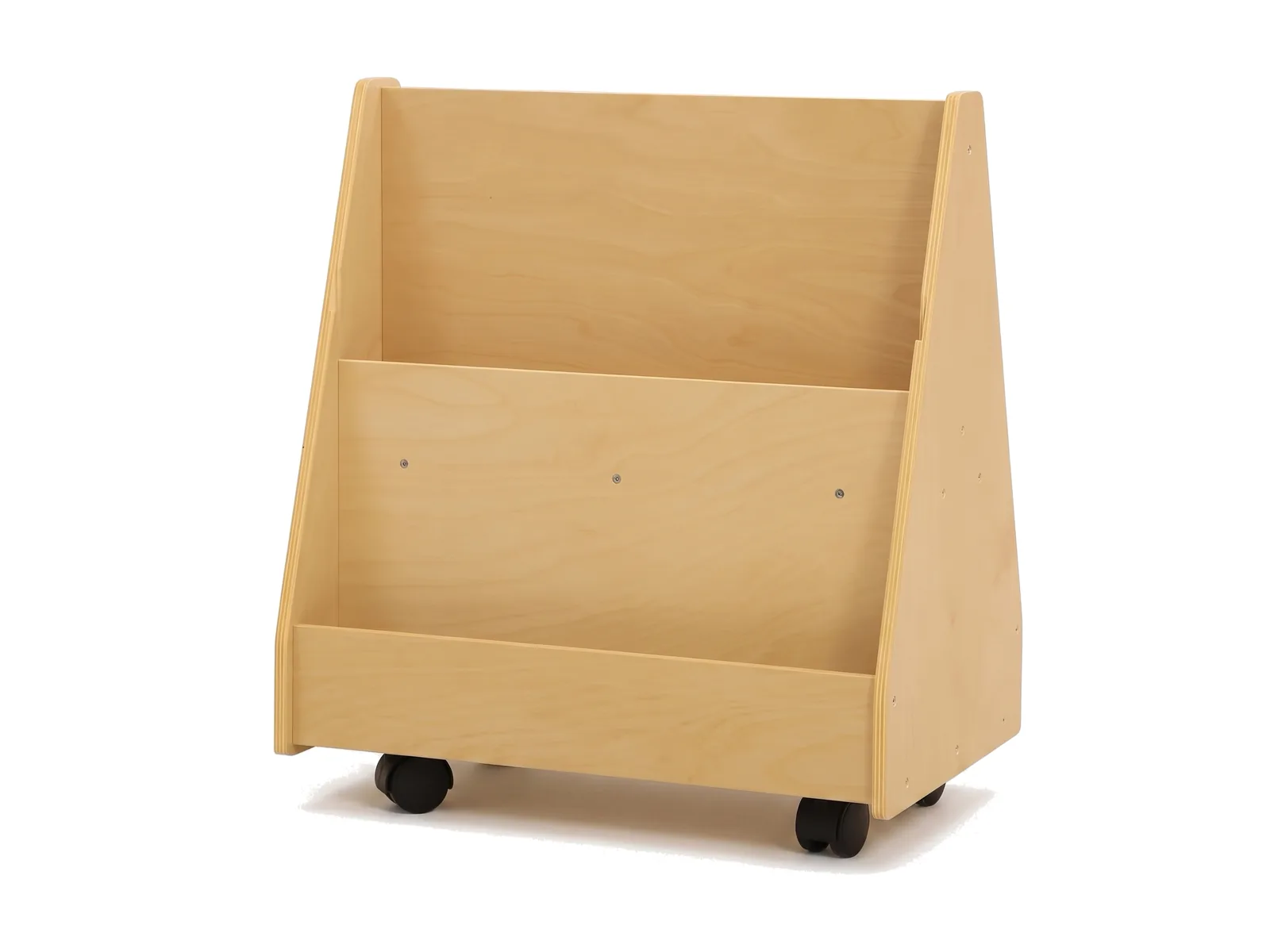 MJK BS-105W mobile birch plywood book display cart on casters for flexible Montessori classroom layouts
