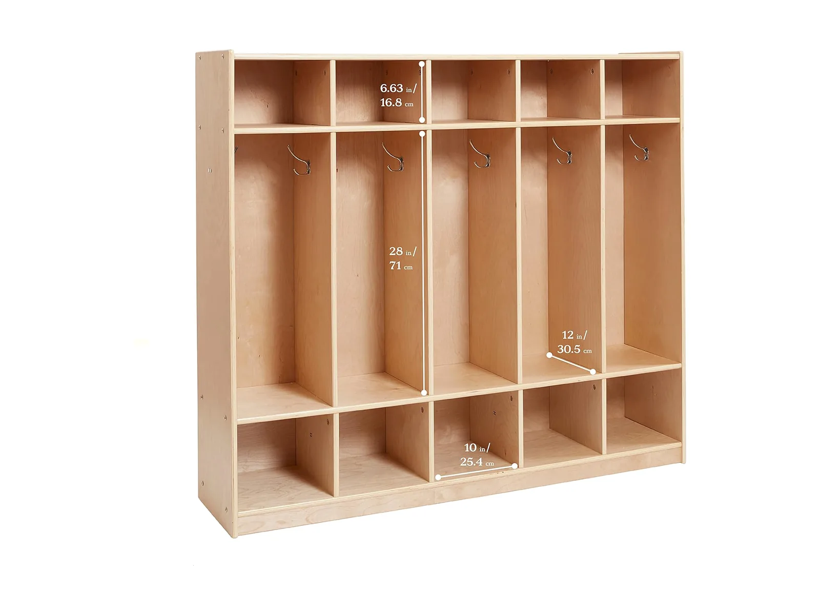 MJK CL-201 birch plywood childcare coat locker with hooks and cubby storage for preschool cloakrooms