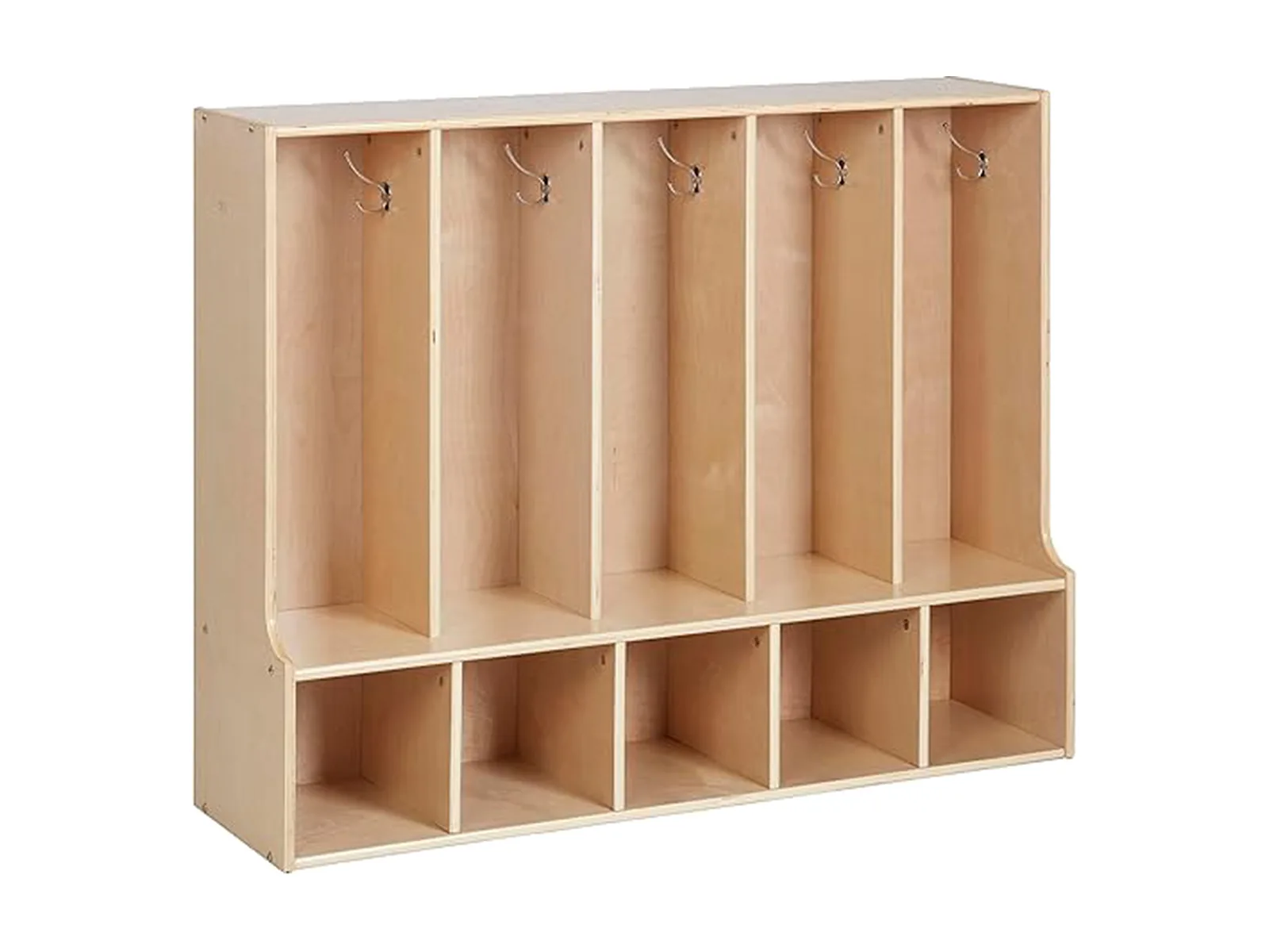 MJK CL-203 birch plywood childcare coat locker with coat hooks and open cubbies for cloakrooms