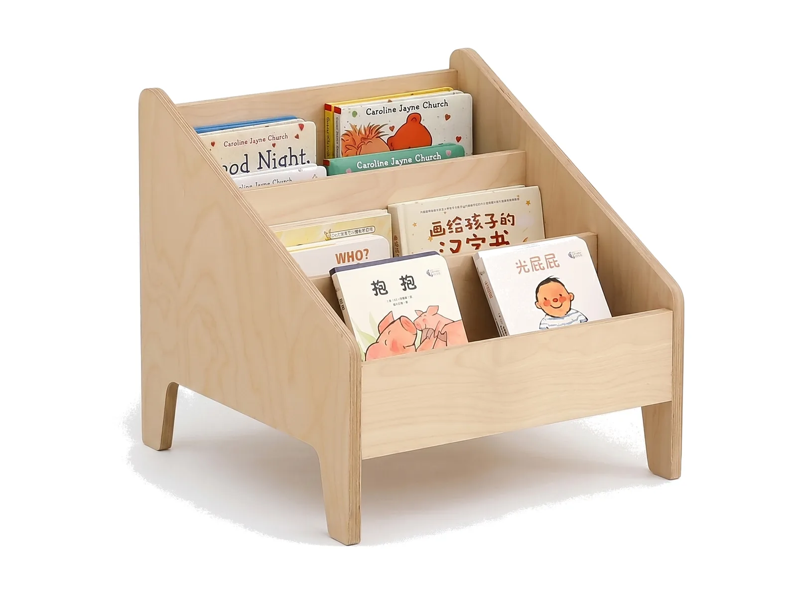 MJK BS-101 compact front-facing birch plywood Montessori bookshelf displaying picture books cover-out