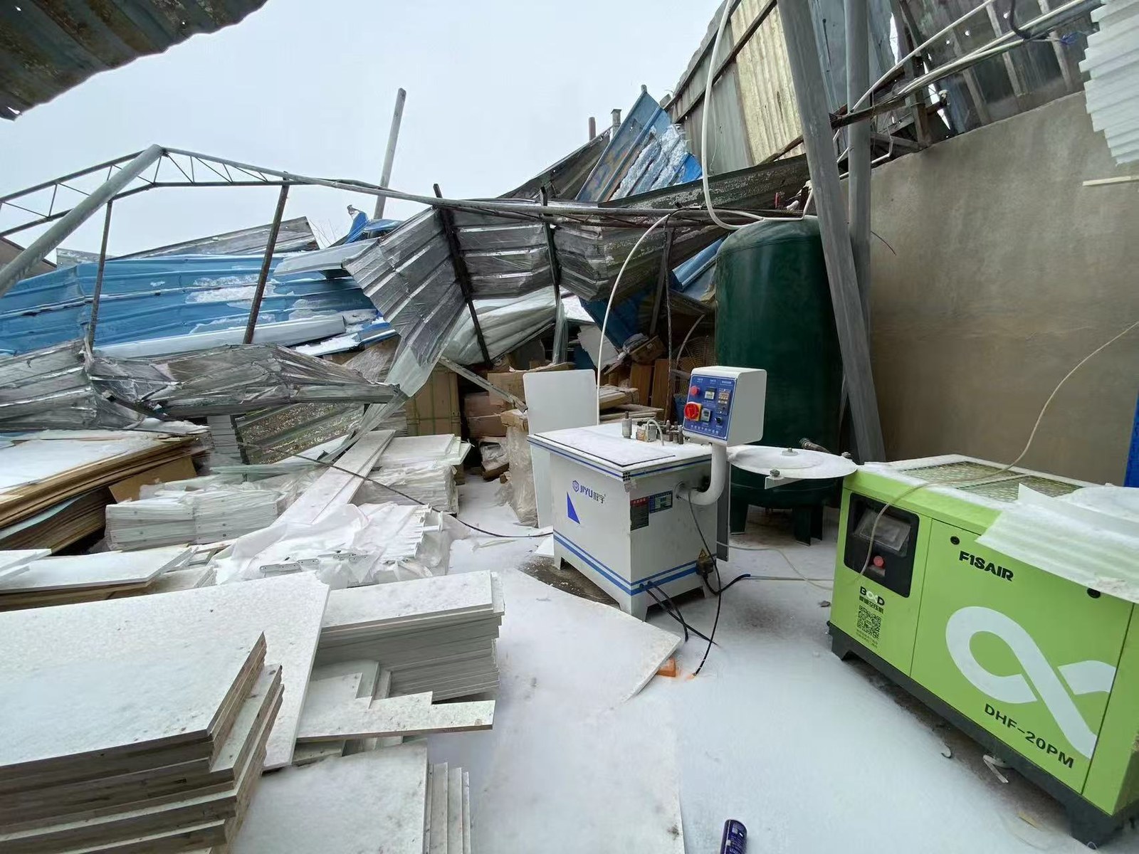 MJK's wooden children's furniture workshop in Xuzhou after its roof collapsed under heavy snow in the winter of 2022