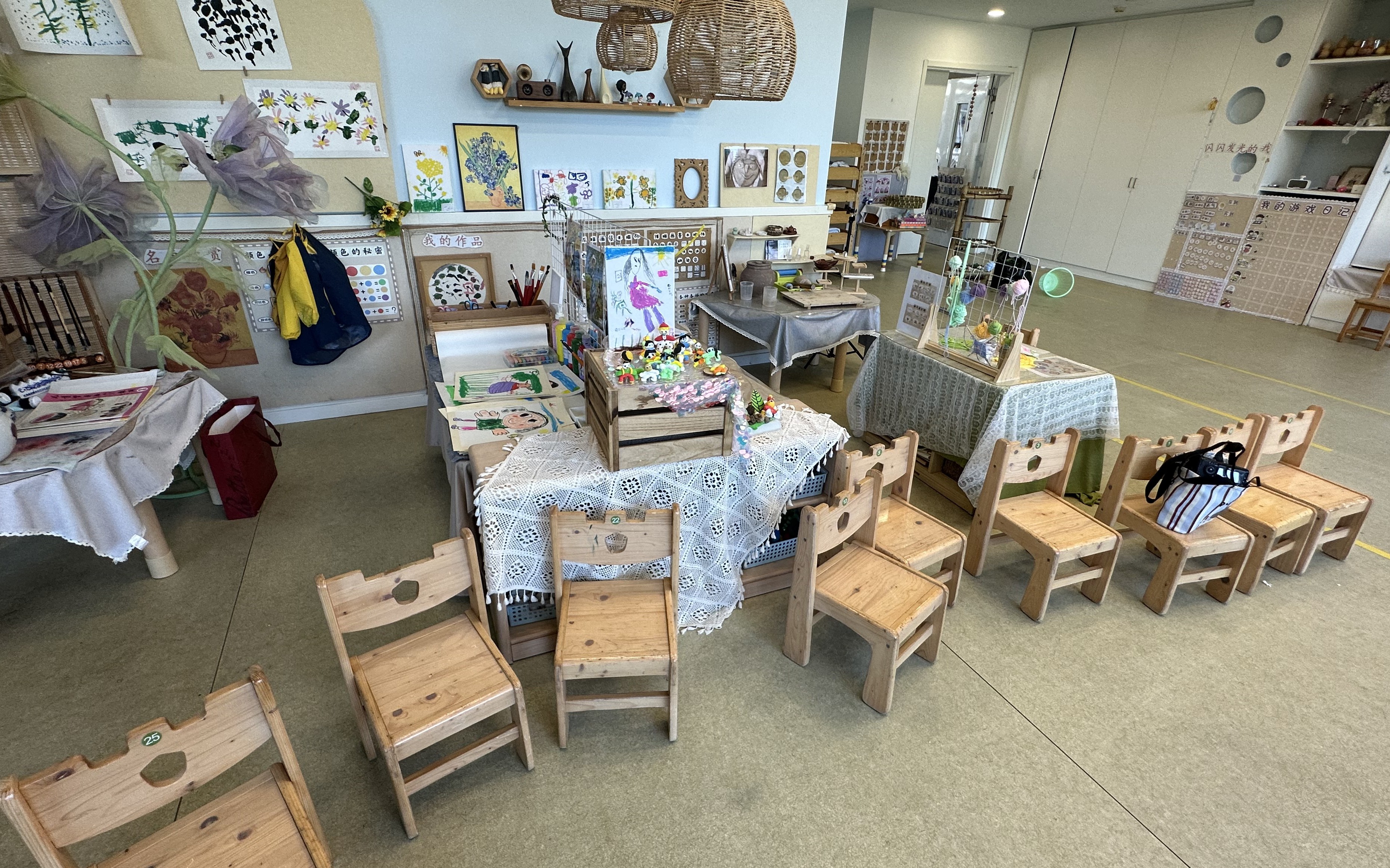 A real Montessori classroom furnished with MJK wooden children's chairs and tables